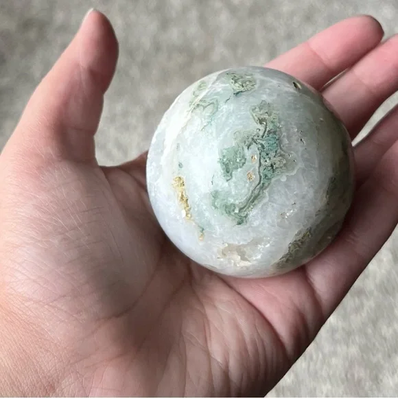 Moss Agate Sphere w/ Heart-Shaped Druzy Pocket - Picture 13 of 17